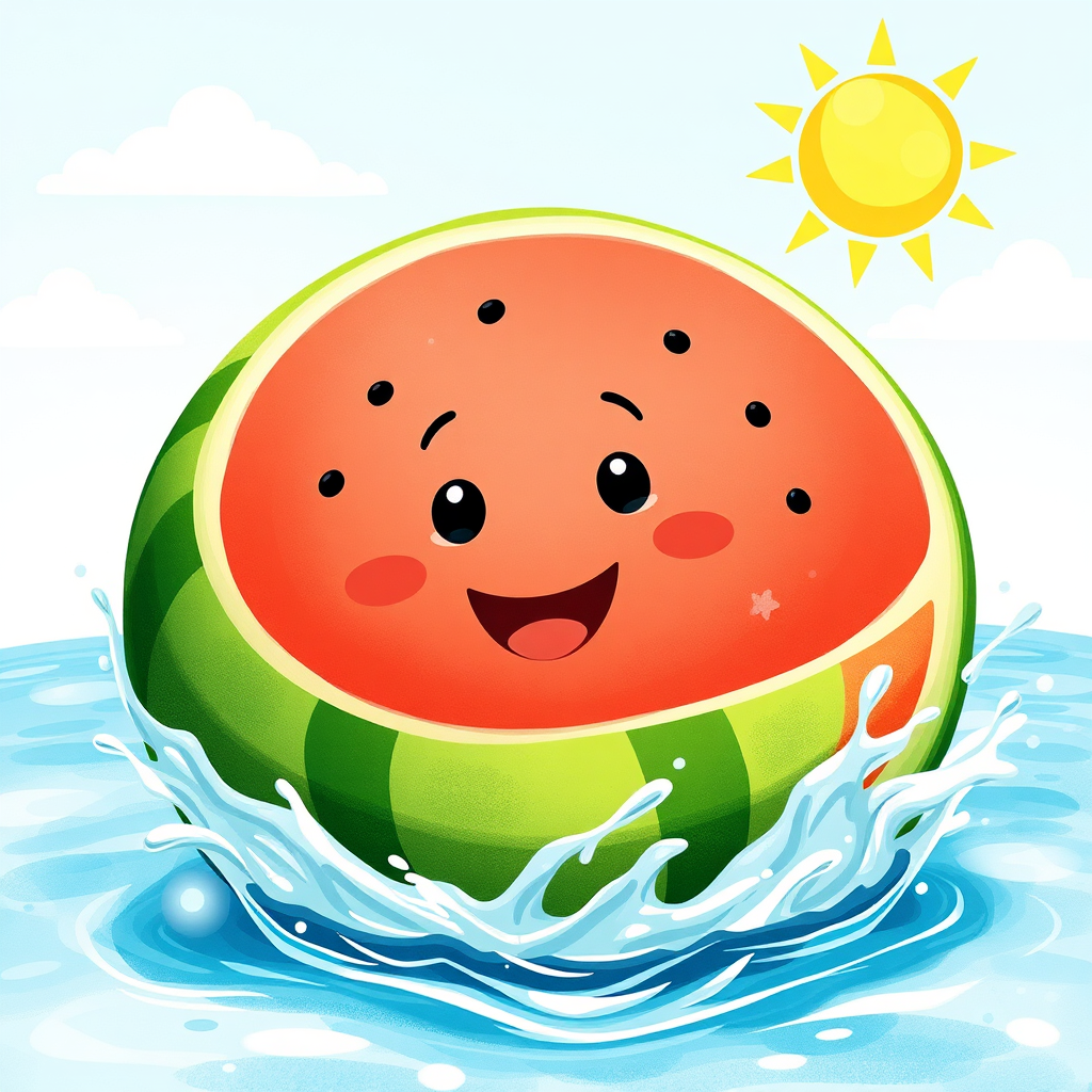 Happy watermelon slice splashing in water.