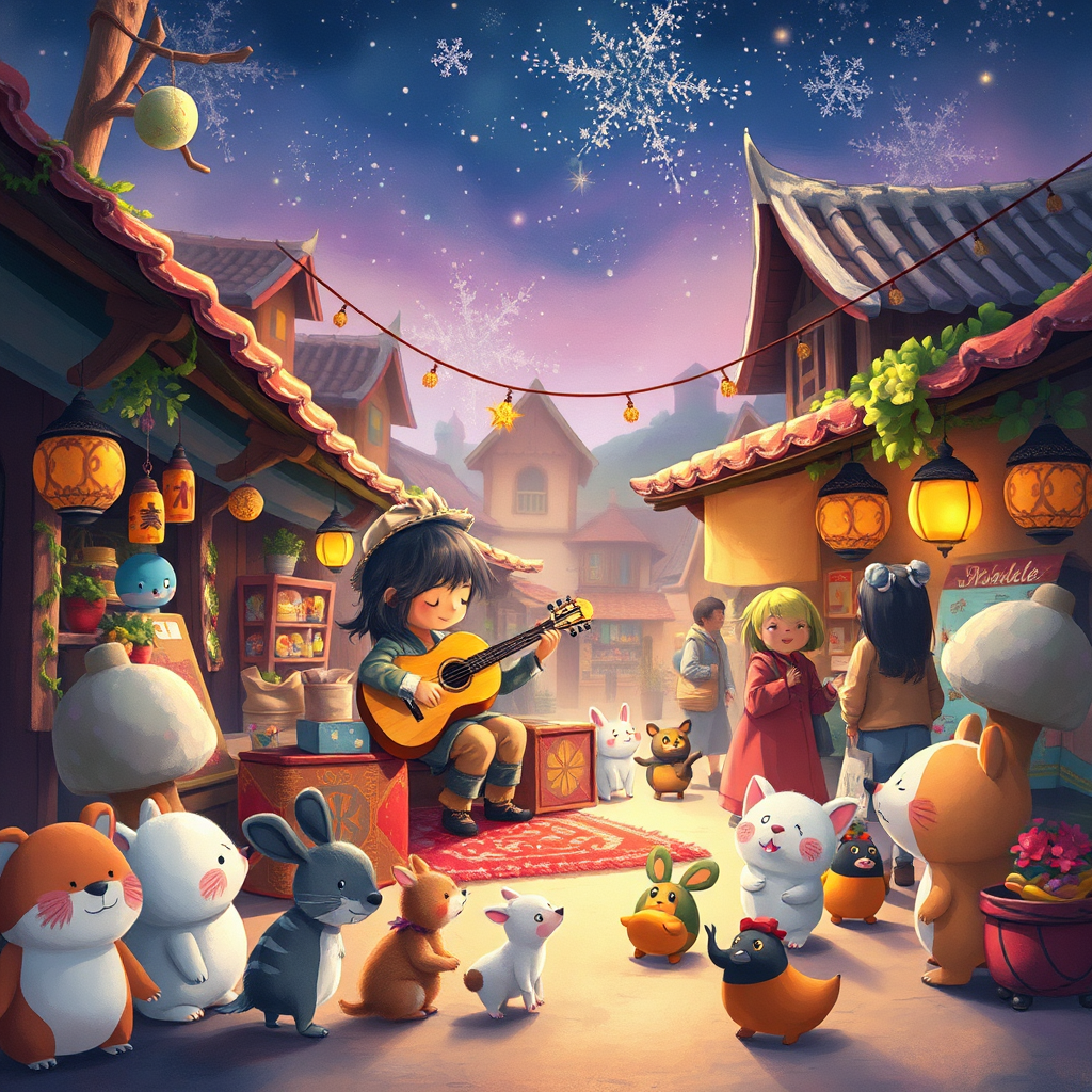 The Ney playing music in a vibrant village market with happy listeners.