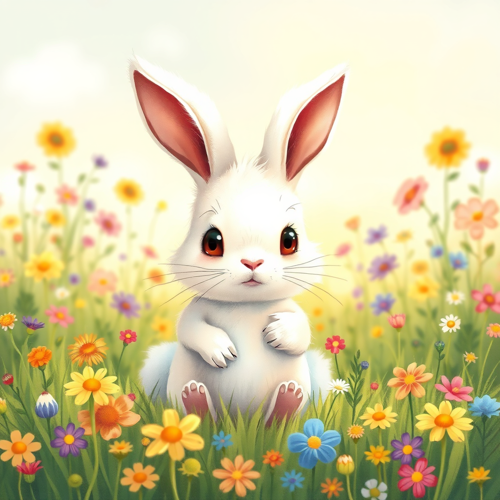 Illustration of a thoughtful and clever rabbit in a meadow.