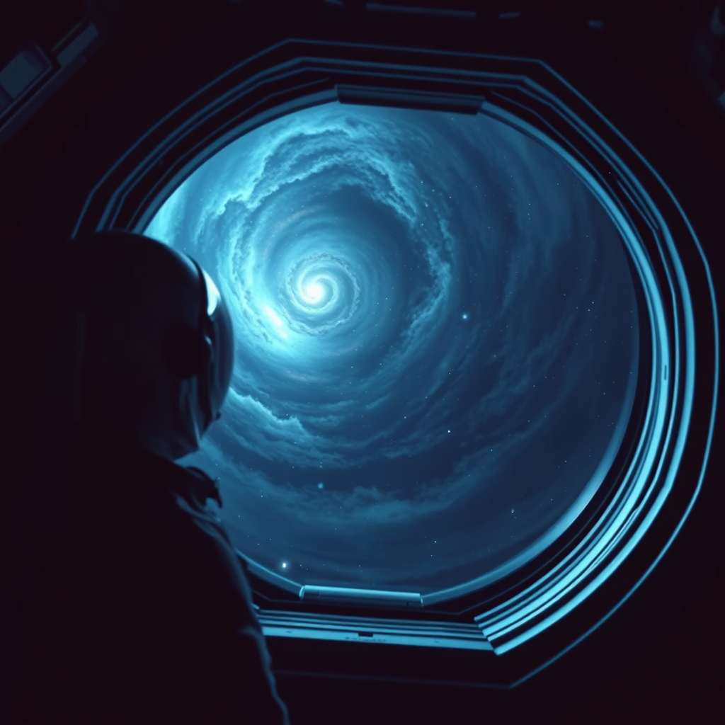 Astronaut looking at nebula from spaceship window