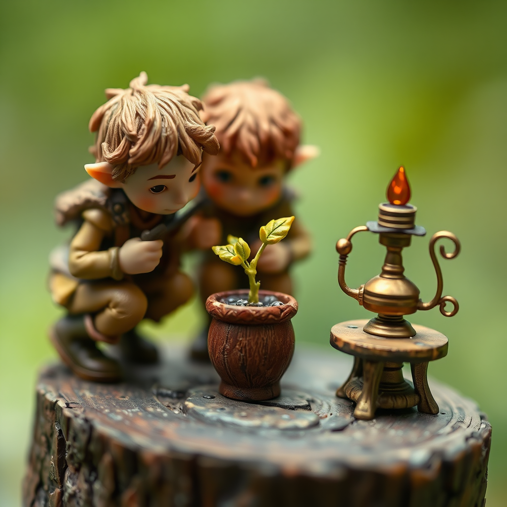 Bram and Pip examining a glowing golden sprout.