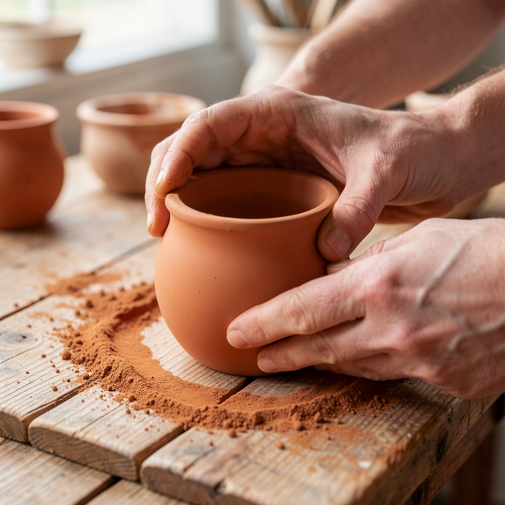 Hands demolding a handmade stone powder pot