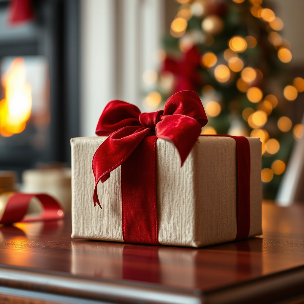 Create a photorealistic close-up of a perfectly wrapped gift box, adorned with a lush velvet ribbon in a deep crimson hue. The box should appear to be resting on a polished mahogany surface, with a soft, warm glow emanating from a nearby fireplace. Subtle bokeh effect in the background with hints of shimmering gold ornaments. Focus on intricate details like the texture of the ribbon and the crispness of the wrapping paper, conveying a sense of opulence and refined taste. Composition should evoke the spirit of Christmas, warmth, and the joy of giving, emphasizing luxury and sophistication.