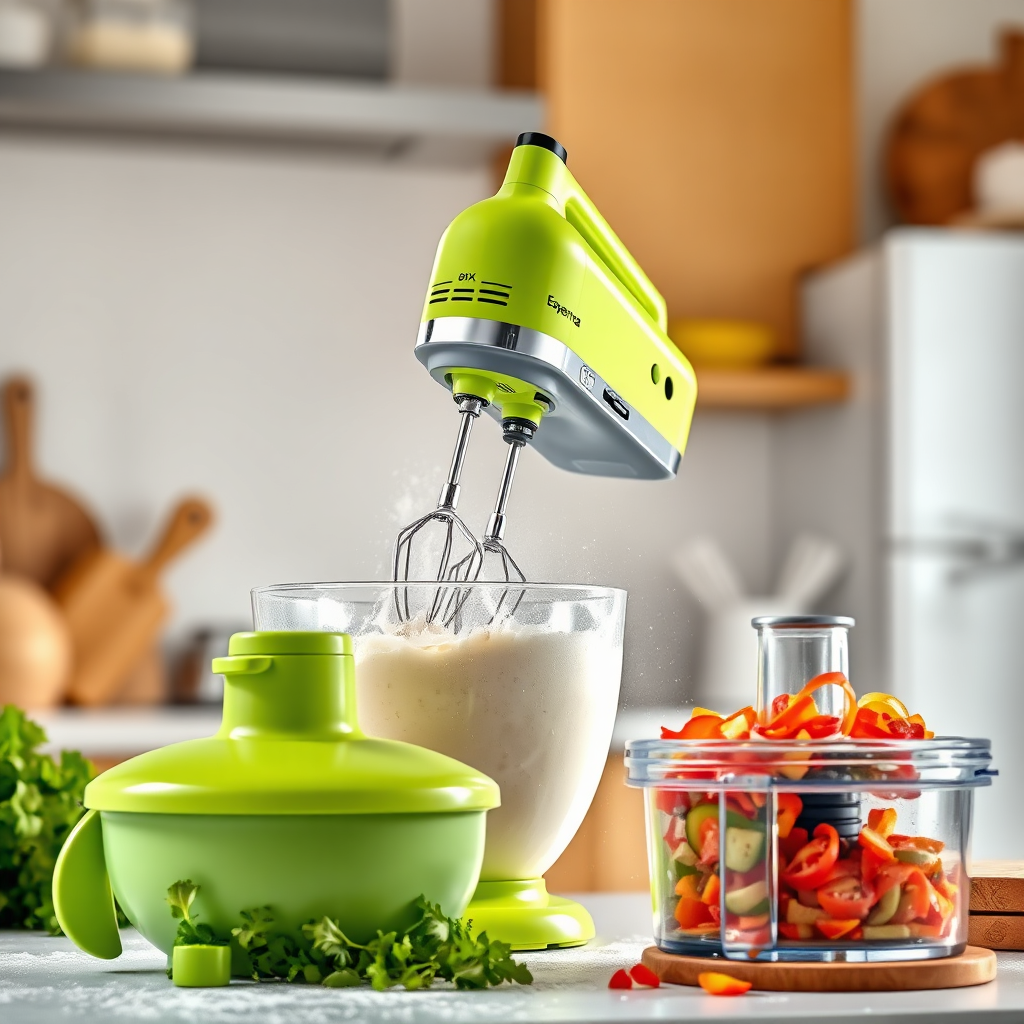 Create a photorealistic image featuring an Esperanza hand mixer (electric, green) in action. It's mixing batter in a brightly lit kitchen. Flour dusts the air. Style: Clean, bright, inviting. A Kozina vegetable chopper rests nearby, filled with freshly chopped vegetables. 8K resolution.