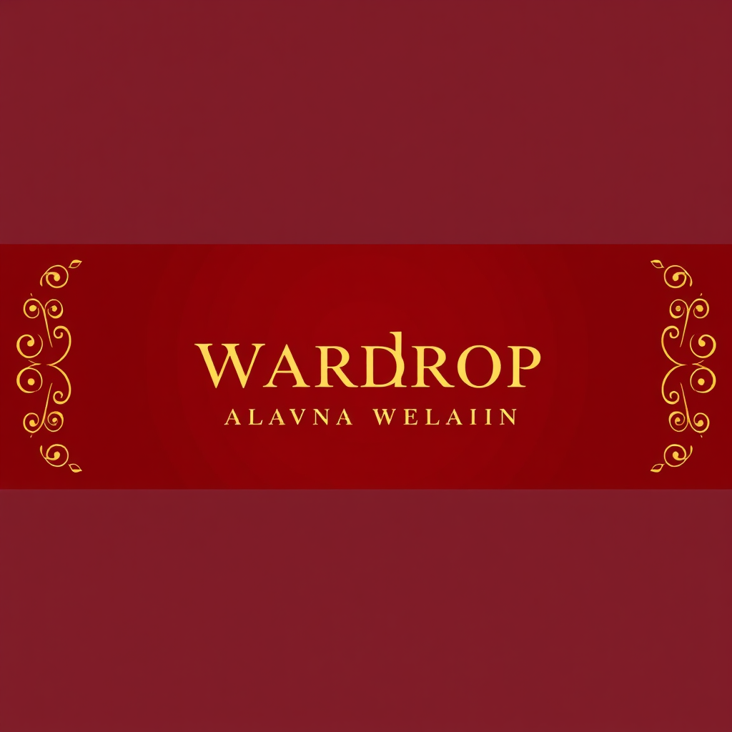 Create a stylized graphic of a website header design for 'Wardrop Alavna Wearian'. The background should be a deep, rich red. The brand logo, rendered in elegant gold lettering, should be prominently displayed. Subtle gold filigree accents can be added to the corners of the header to enhance the sense of luxury. Include a minimalist navigation menu with clear, concise text. The overall design should be clean, modern, and visually appealing, conveying a sense of sophistication and exclusivity. The focus should be on creating a memorable and impactful first impression.