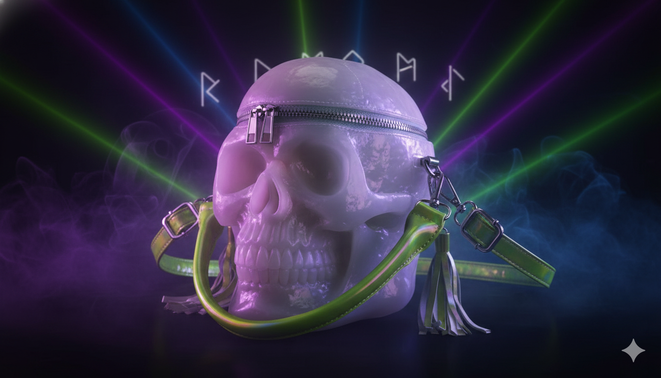 A clean, minimalist product page featuring only a high-quality image of a gothic skull bag, a brief product description, and a clear call to action. The background is a simple, dark color, allowing the product to take center stage. The overall design is modern and uncluttered, emphasizing the bag's unique design.