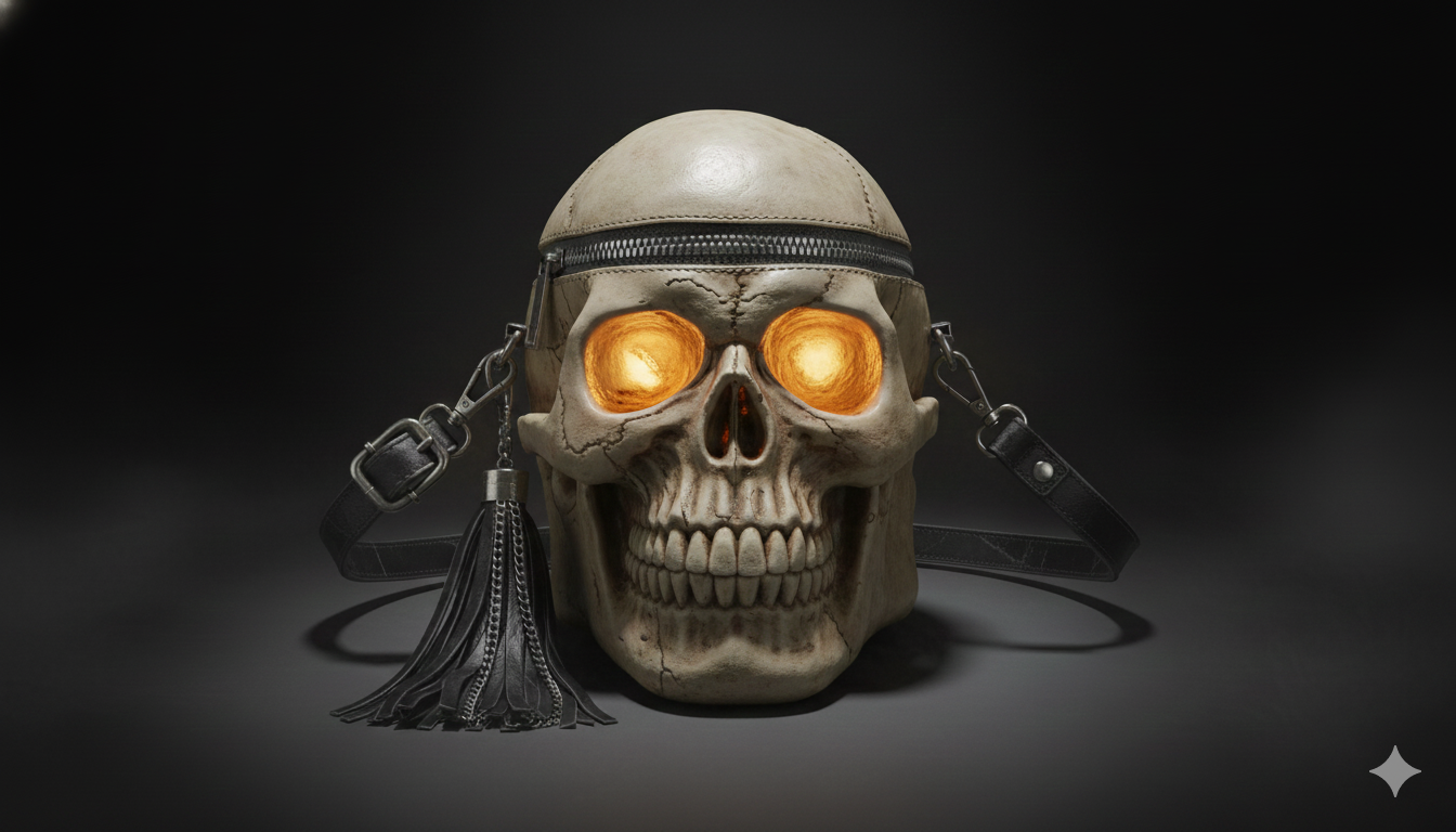 A dramatic, high-contrast black and white photograph of a gothic skull bag silhouetted against a stormy sky. Lightning flashes in the background, illuminating the bag's sharp edges and intricate details. The composition should emphasize the bag's ominous and rebellious nature. Texture details should be highly visible, capturing the roughness of the leather and the sharpness of the skull design.