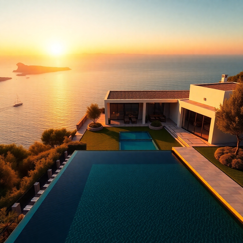 Generate a photorealistic, ultra-high-definition (8K resolution) header image for Atahan Real Estate.  The image should depict a stunning, modern villa overlooking the Adriatic coastline in Montenegro, bathed in the warm, golden light of a late afternoon sunset. The villa should be elegantly designed with clean lines and large windows showcasing breathtaking panoramic views. The color palette should be rich and vibrant, emphasizing the deep blues of the sea, the golden hues of the sunset, and the warm tones of the villa's exterior (cream, terracotta accents). The mood should be luxurious, sophisticated, and aspirational.  The camera angle should be slightly elevated, providing a broad view of both the villa and the surrounding landscape.  Textures should be highly detailed, showcasing the smooth surfaces of the villa's stucco walls, the rough texture of the stone pathways, and the gently rippling water of the sea.  The environment should include lush, vibrant greenery, possibly some olive trees and carefully manicured lawns.  In the foreground, a stylish infinity pool seamlessly blends with the ocean view.  Subtle background elements might include a distant mountain range or a sailing yacht on the horizon. The style should evoke luxury real estate photography found in high-end magazines such as Architectural Digest or Elle Decor.  The overall image should be hyperrealistic, with exceptional detail and depth, conveying a sense of opulence and tranquility.  Include subtle lens flares reflecting the sun's glow and realistic shadow play to enhance the scene's dynamism.  The final image should be suitable for use as a website header, conveying professionalism and high-quality service., ultra high resolution, photorealistic, 8K, hyperdetailed, cinematic lighting