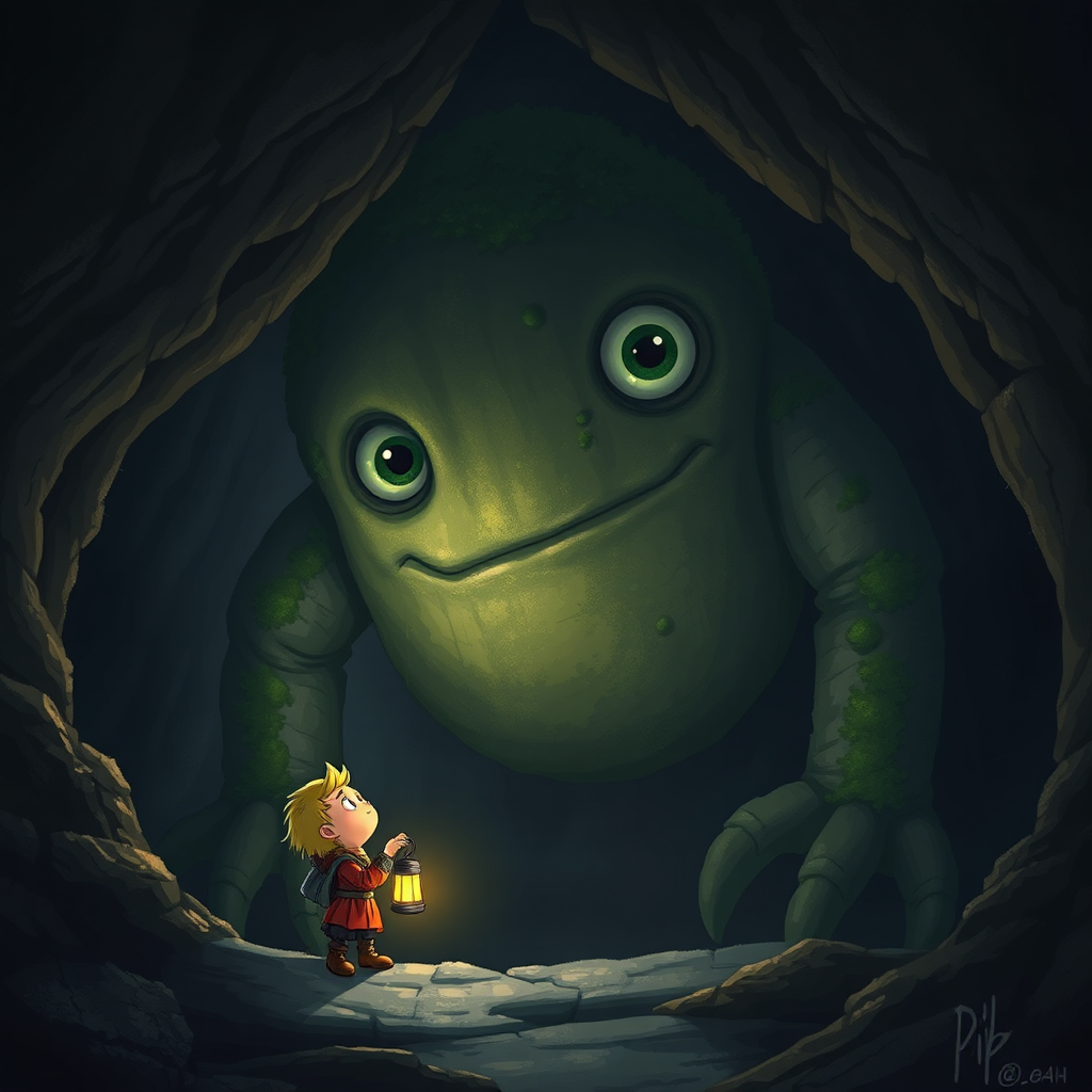 Tiny crafters meeting a giant, friendly moss creature.