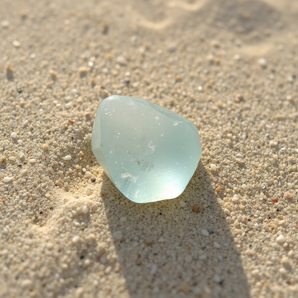 Photo of a raw Aquamarine crystal on sand