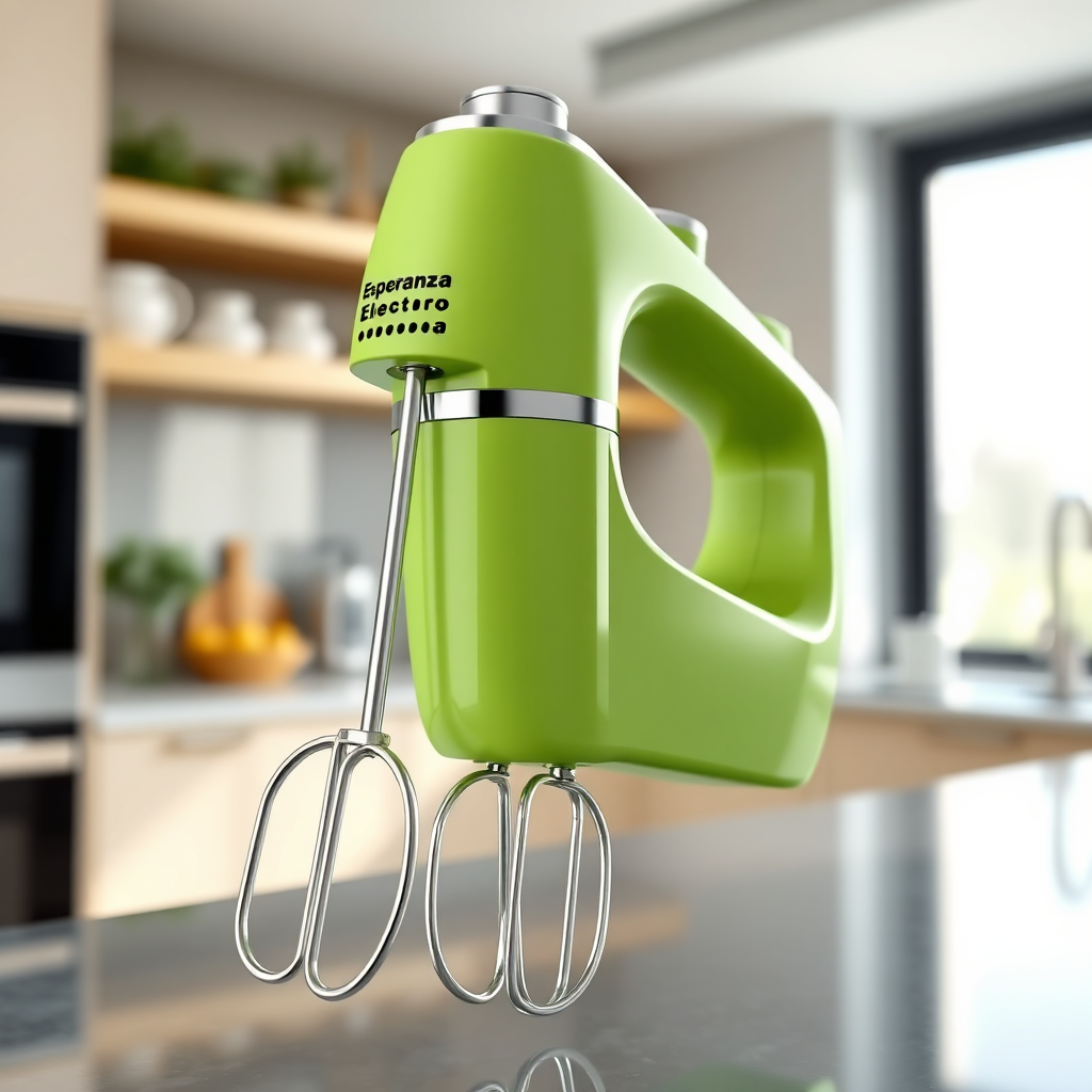 Photorealistic close-up shot of an Esperanza electric green hand mixer. Focus is on the details of the mixer's design. The background is blurred, showing a modern kitchen. The lighting accentuates the green color. 8K resolution.