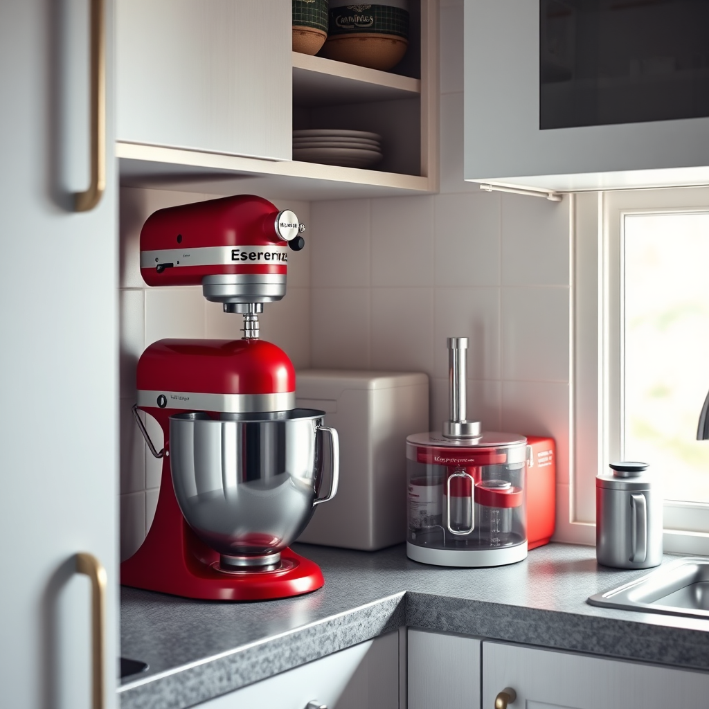 Photorealistic image of a compact kitchen featuring an Esperanza mixer and a Kozina chopper neatly stored on a shelf. The kitchen is well-organized and functional. Soft, natural lighting. 8K resolution.