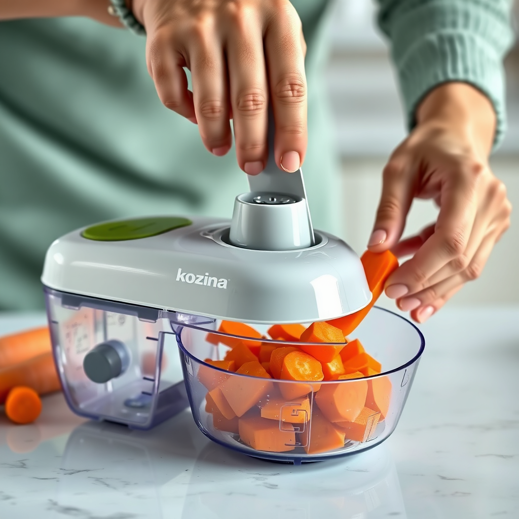 Photorealistic image of a person using a Kozina vegetable chopper to chop carrots. The chopper is partially disassembled, revealing the internal blades. Focus on the carrots being chopped. The background is a clean kitchen countertop. 8K resolution.