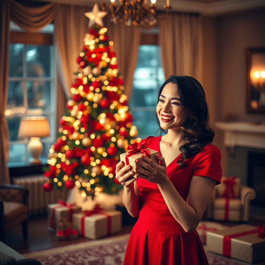 Photorealistic scene depicting a warmly lit, luxurious living room during Christmas. A beautifully decorated Christmas tree stands in the background, adorned with red and gold ornaments. In the foreground, a woman dressed in an elegant red dress is smiling while holding a small, exquisitely wrapped gift box. The focus is on her expression of joy and the sense of warmth and intimacy in the scene. Soft lighting and a shallow depth of field will create a dreamy, festive atmosphere. Convey the idea of curated joy and the magic of Christmas through the composition, emphasizing the emotional impact of a thoughtful, luxurious gift.