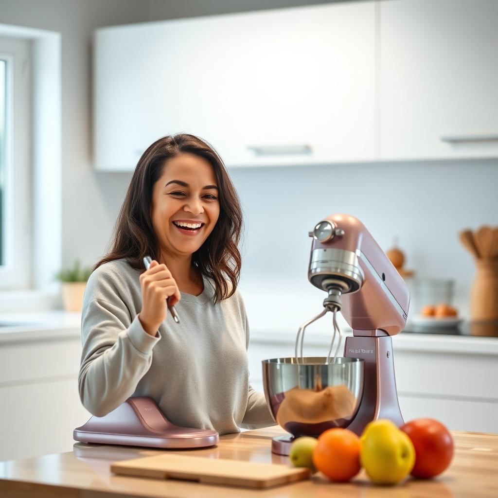 Photorealistic shot of a person smiling while using an Esperanza mixer in a bright, modern kitchen. The focus is on the person's enjoyment. The scene conveys the affordability and accessibility of the appliances. 8K resolution.