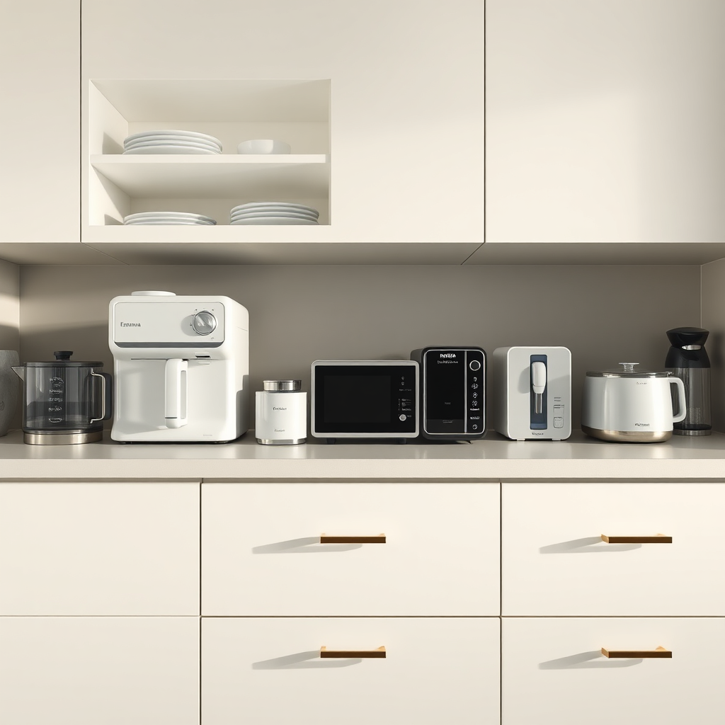 Photorealistic shot of a well-organized kitchen counter showcasing a variety of small Esperanza and Kozina appliances. Soft, diffused lighting. The appliances are clean and modern. Angle: Eye-level shot focusing on the appliances. Style: minimalist and functional. 8K resolution.