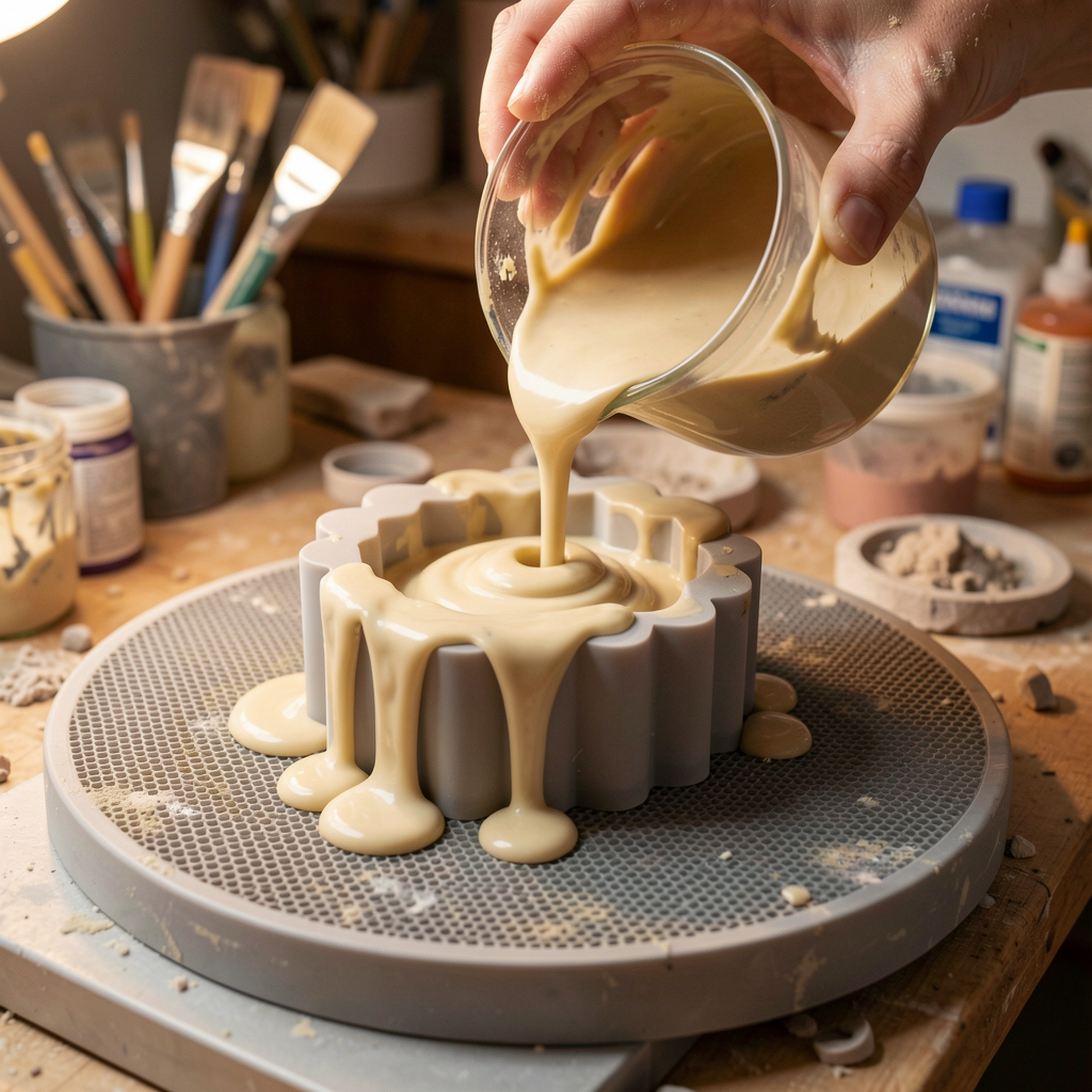 Pouring liquid mixture into mold