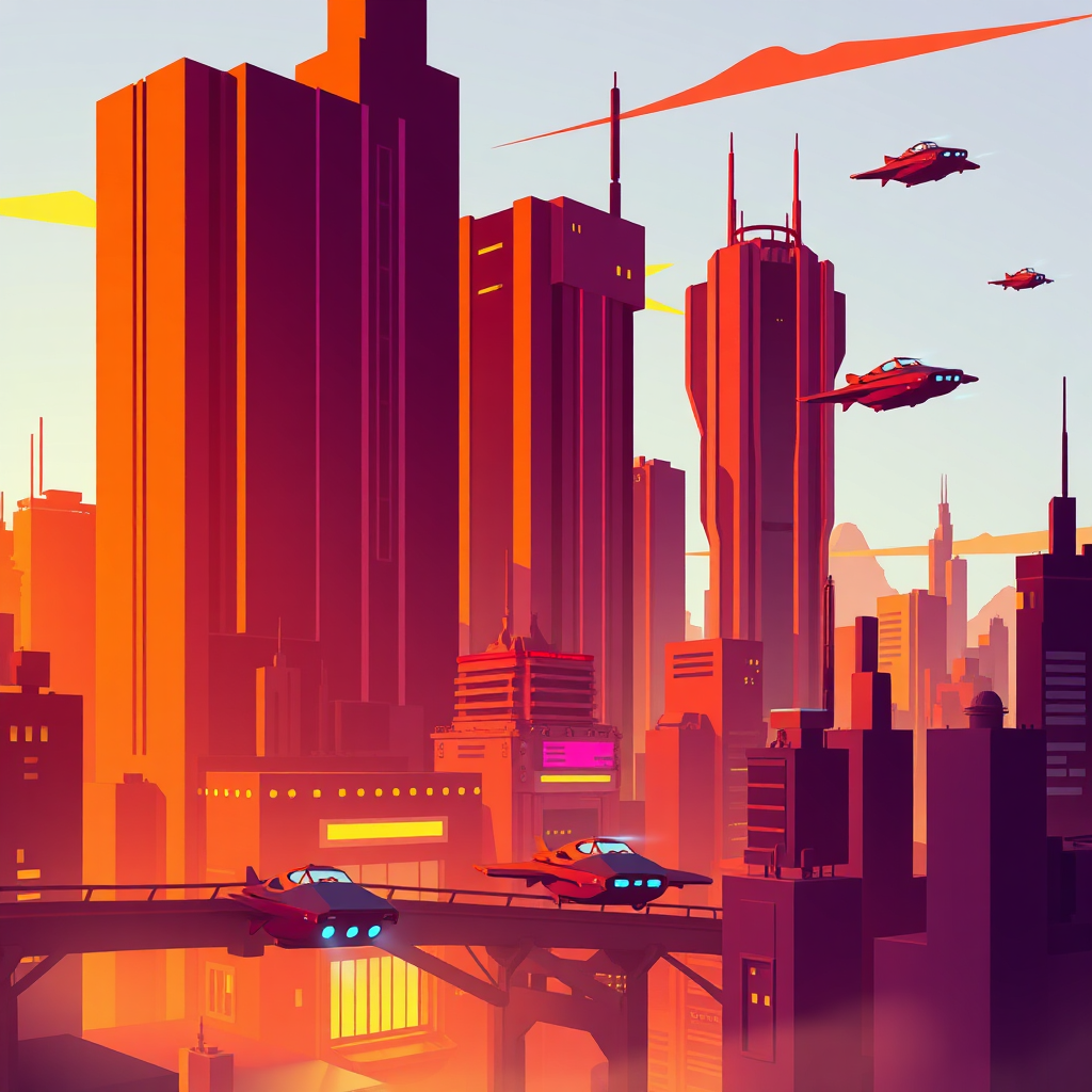 Futuristic cityscape at sunset