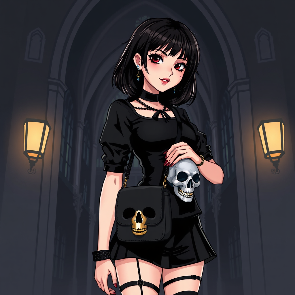 Koyu makyaj, siyah kıyafetler ve aksesuarlarla belirgin bir Gotik tarza sahip genç bir kadının tasvir eden stilize dijital illüstrasyon. 3D Kafatası Çapraz Askılı Çanta'yı alırken kendinden emin bir şekilde poz veriyor. Arka planda Gotik mimari unsurlar ve karanlık, gizemli bir atmosfer yer alıyor. Genel olarak devam eden, çantayı benzersiz tarzını değiştiren bir vurgu parçası olarak vurguluyor. Stil, şık, modern olmalı ve olmalı.