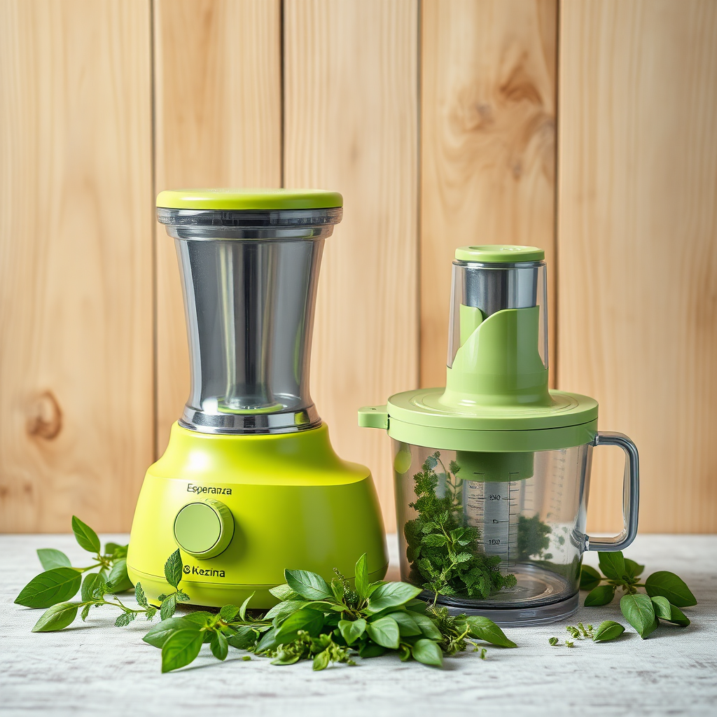 Stylized image of an Esperanza green mixer and a Kozina chopper side-by-side against a natural wood background. Green leaves and herbs are arranged around the appliances, symbolizing eco-friendliness. Soft, diffused lighting. 8K resolution.