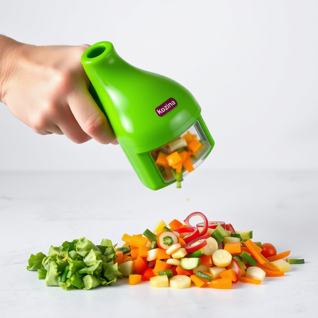 Stylized photo of a hand using a Kozina vegetable chopper to quickly chop a colorful assortment of vegetables. The hand is slightly blurred to imply motion. Focus sharply on the vegetables being chopped. The background is a clean, minimalist surface. 8K resolution, vibrant colors.
