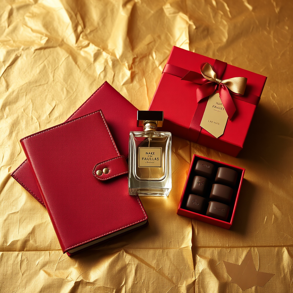 Stylized photograph showcasing three distinct luxury items elegantly arranged on a textured, gold-leaf surface. The items should represent different niche categories: a handcrafted leather journal, a delicate crystal perfume bottle, and a set of artisan chocolates. The color palette should be primarily red and gold, with subtle accents of ivory. Incorporate elements of graphic design like geometric shapes and clean lines to enhance the sophisticated and contemporary feel. Use dramatic lighting to highlight the details and textures of each item. The overall composition should be visually striking, suggesting exclusivity and superior quality, conveying the message of a unique, distinguished gift.