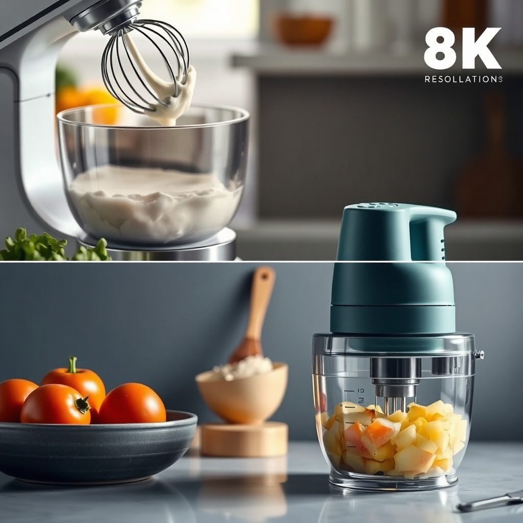 Stylized shot showcasing the versatility of Esperanza and Kozina appliances. An Esperanza mixer whips cream in one scene, while a Kozina chopper chops vegetables in another. The scenes are artfully combined. 8K resolution.