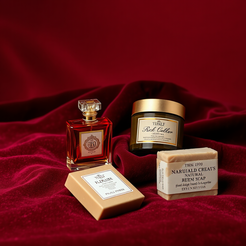 Stylized still-life photograph featuring a collection of luxury personal care products arranged on a textured velvet surface. Include a bottle of high-end perfume with intricate detailing, a jar of rich body cream with gold accents, and a handcrafted soap bar with natural ingredients. The background should be a deep, saturated red color, creating a dramatic contrast. Use creative lighting techniques to highlight the textures and shapes of the products. The overall composition should be visually appealing and suggestive of indulgence, sophistication, and a commitment to self-care.