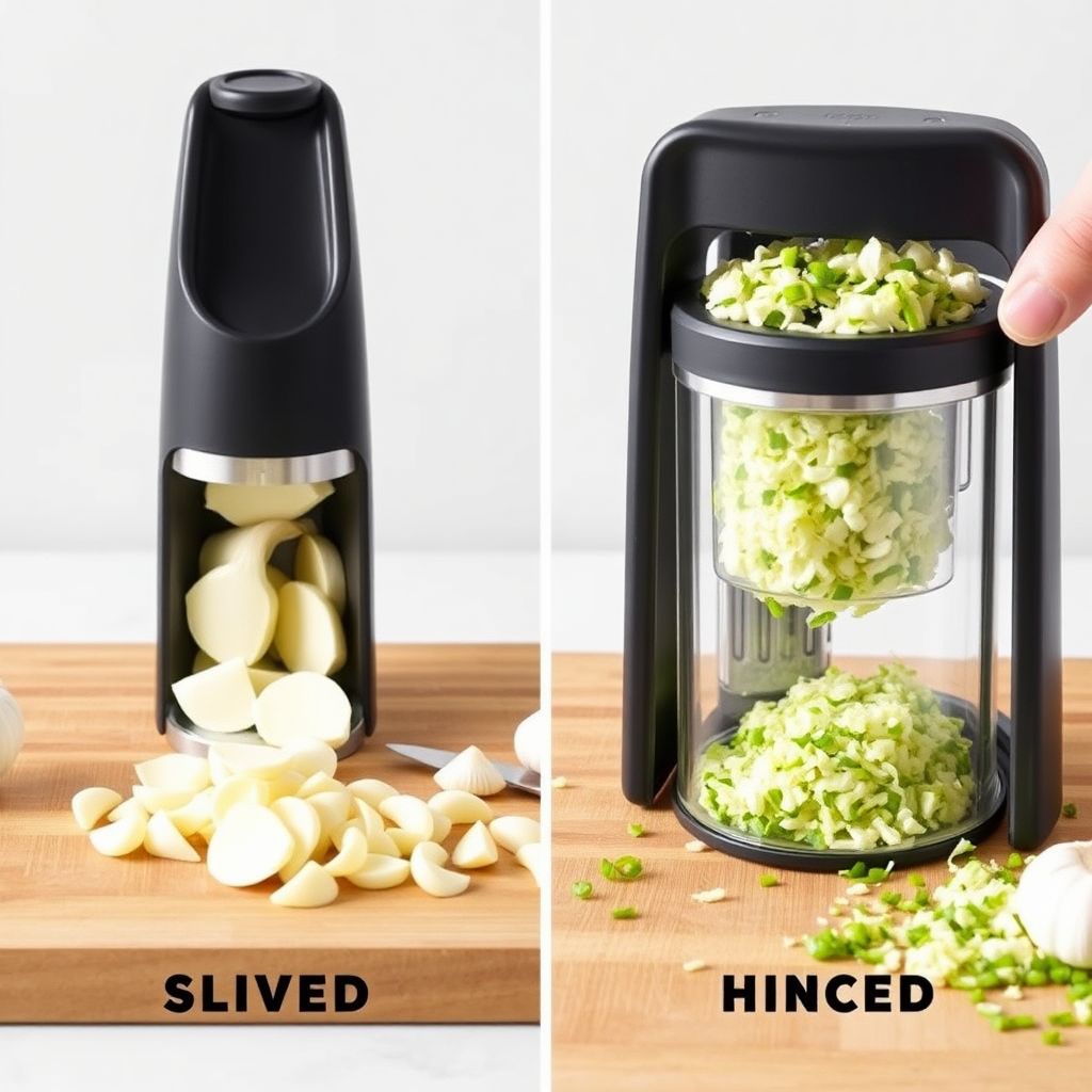 The Push Garlic Crusher showcased with both sliced and minced garlic displayed side-by-side on a wooden cutting board. Lighting emphasizes the contrast between the two garlic preparations. Background is clean and neutral to keep the focus on the garlic. Styled to show versatility.