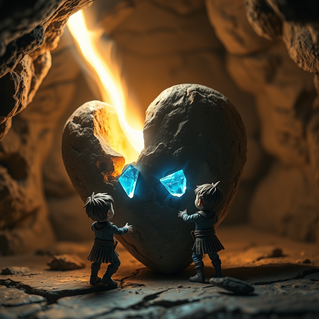 Crafters repairing the heart-stone with the blue shard, emitting light.