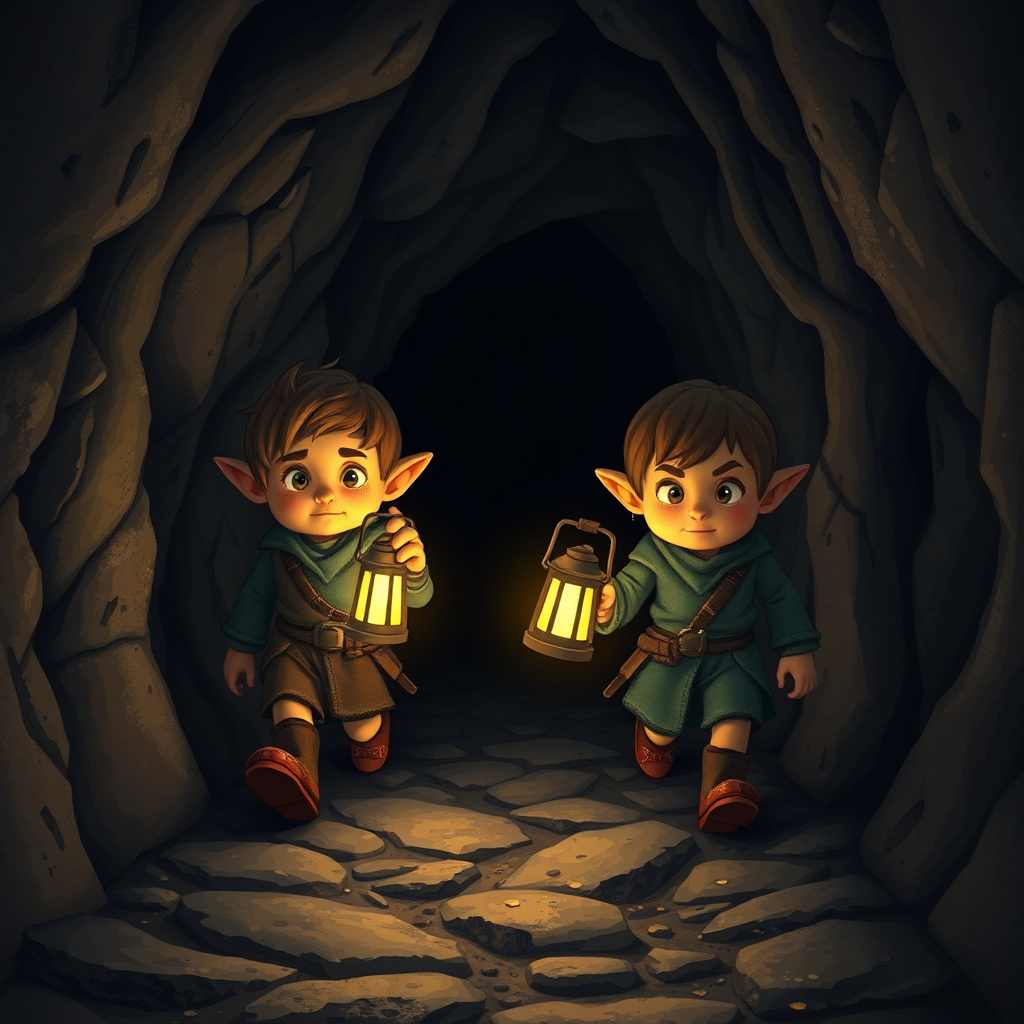 Bram and Pip venturing into dark caves with lanterns.