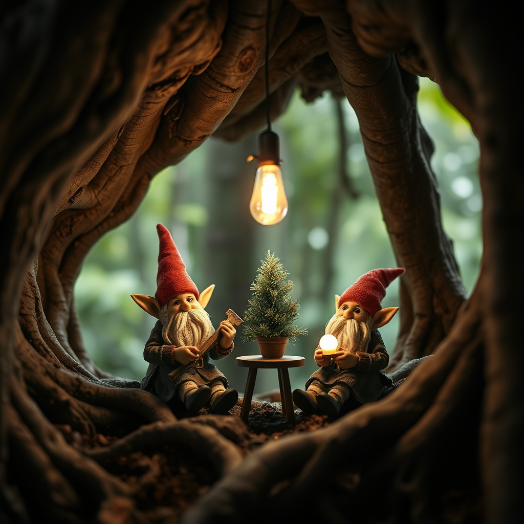 Two tiny mystical beings examining a plant under tree roots with magical lamps.