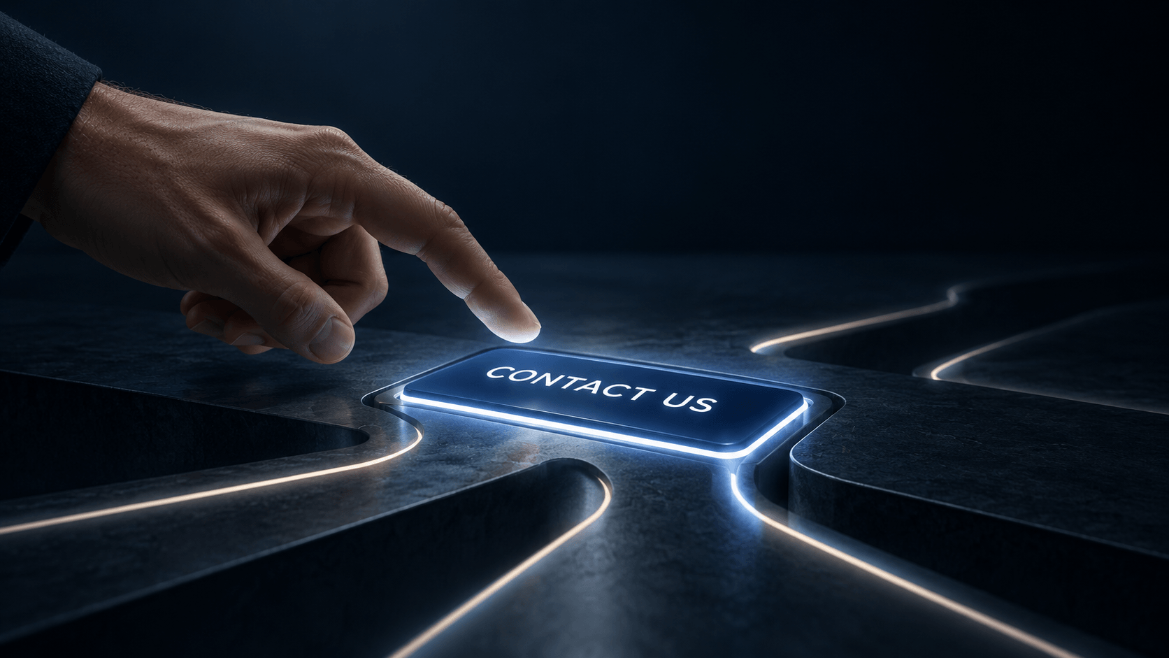 A hand hesitating above a CONTACT US button with several illuminated paths leading away from it.