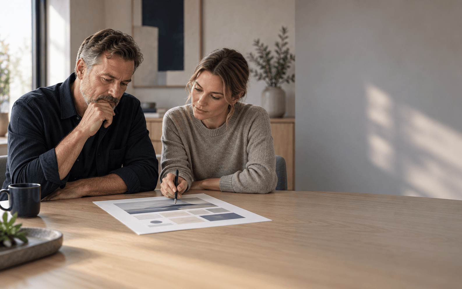 Two professionals reviewing a service-business website structure together in a minimalist studio
