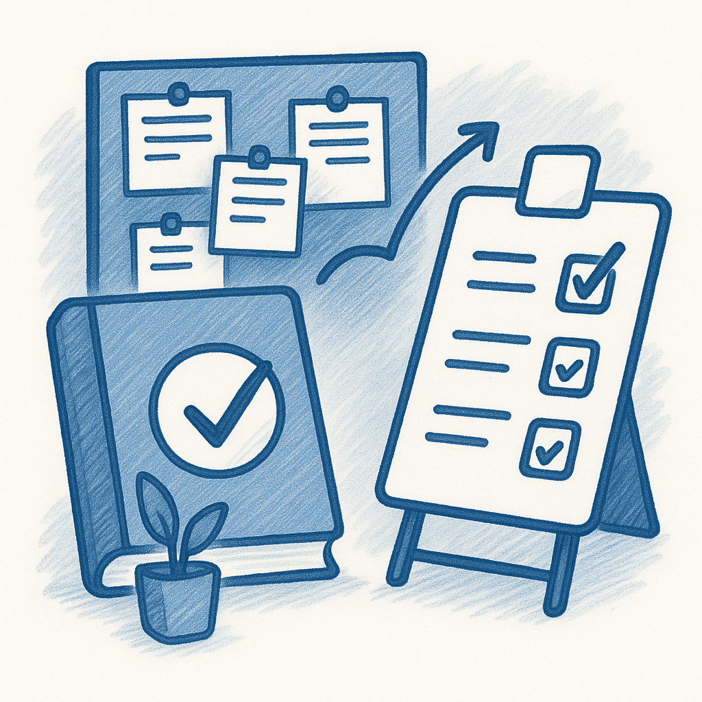 A structured workspace displaying neatly organized checklists and workbooks, all interconnected on a large, detailed bulletin board. Natural light pours in, illuminating inspiring notes and goals pinned about. This image represents clarity and precision in resource organization, emphasizing the tool's empowerment in marketing.