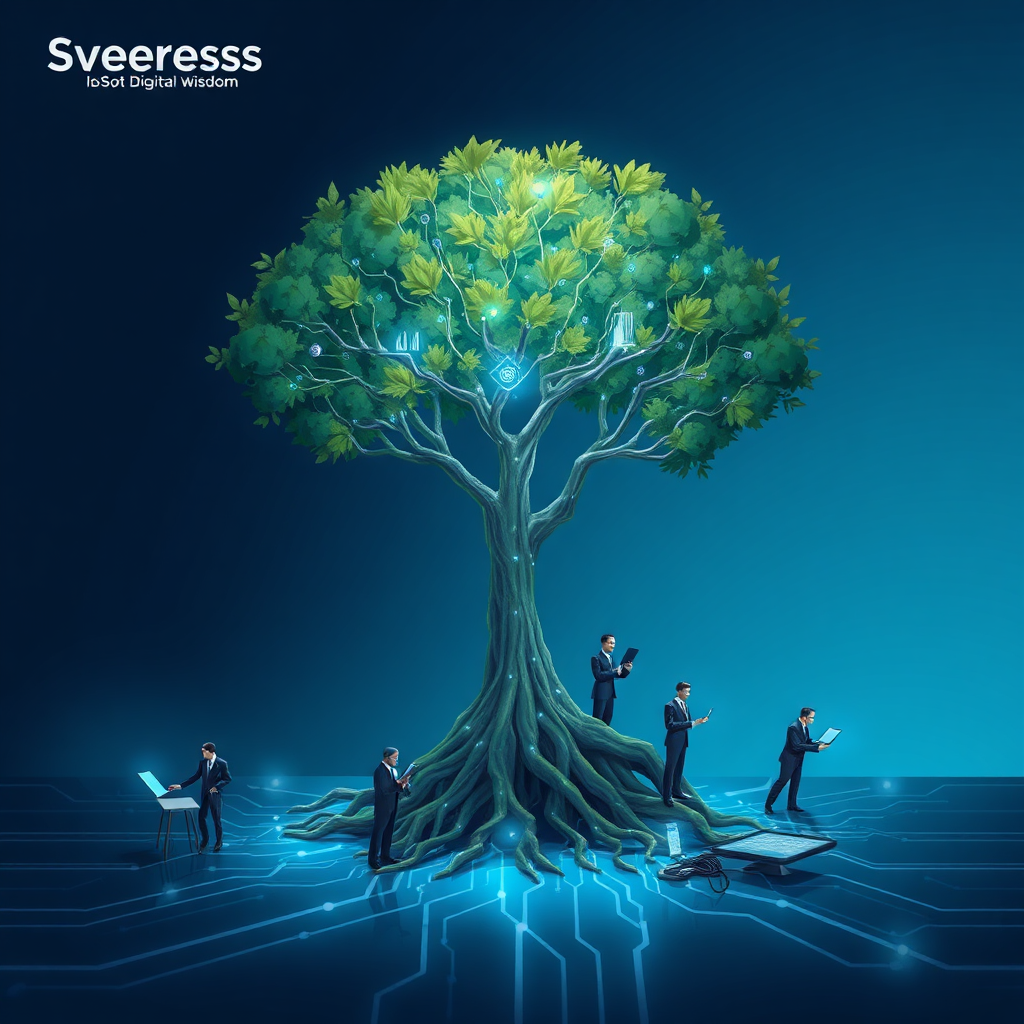 Create a stylized image representing "Sveresco Session's" mission to provide digital wisdom. Imagine a tree with roots growing into a circuit board pattern, and its branches reaching up to form data streams. The tree glows subtly with a blue light, symbolizing knowledge and growth. Around the tree, place miniature figurines of business people working collaboratively on digital devices. The background should be a gradient of dark blue to light blue, suggesting a technological environment. Use a painterly style with soft lighting to create a sense of innovation and enlightenment. This image should evoke feelings of growth, knowledge, and digital empowerment. 4K resolution, high quality, stylized illustration.