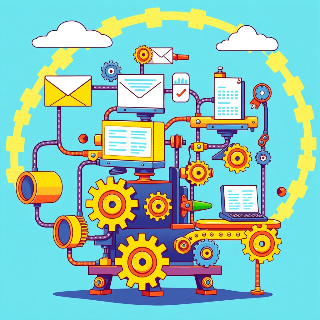 Imagine a Rube Goldberg machine meticulously performing a series of business tasks – sending emails, updating spreadsheets, generating reports. Each step is triggered by the previous one, showcasing the efficiency of automation. Use gears, levers, and conveyor belts to represent the automated processes. The color palette should be bright and playful, with a focus on blues, yellows, and greens. Stylized illustration with a touch of steampunk aesthetic. 4K resolution.