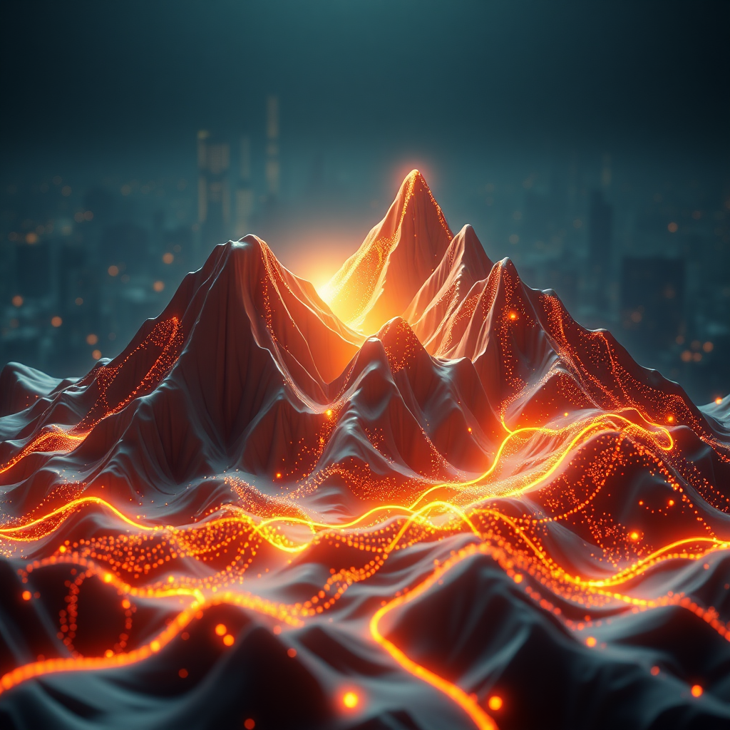 Visualize a 3D data landscape, with mountains and valleys representing different data points. A spotlight shines on a particular area, highlighting a key insight. The data is represented by glowing particles that flow and change in response to trends. The background is a dark, futuristic cityscape. Use a neon color palette to create a sense of excitement and discovery. Photorealistic rendering with advanced lighting effects. 4K resolution.