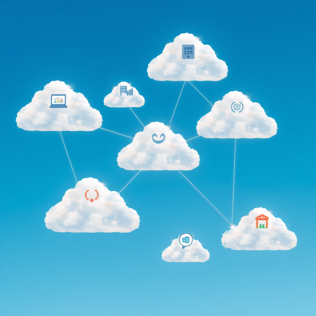Visualize a network of interconnected clouds, each representing a different cloud service. Miniature icons representing different business functions (e.g., accounting, CRM, marketing) float within each cloud. The clouds are connected by glowing lines of data, symbolizing seamless integration. The background is a clear blue sky, suggesting limitless potential and scalability. Use a clean, modern design style. Photorealistic rendering with subtle volumetric lighting. 4K resolution.