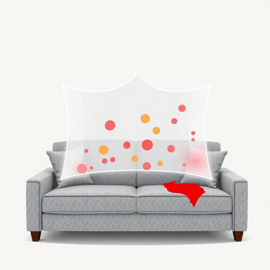 Visualize a photorealistic close-up of a plush sofa being cleaned, with a focus on the fibers and the cleaning solution removing dirt.