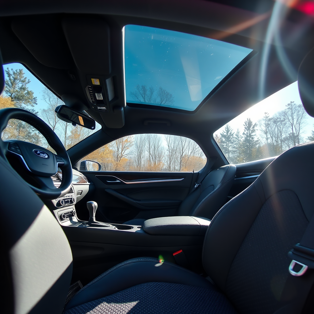 Create a photorealistic image of a car interior with all surfaces sparkling clean, highlighting the dashboard, seats, and carpets. The sunlight streams in, emphasizing the cleanliness.