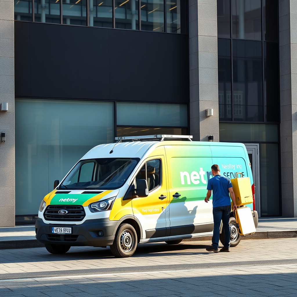 Create a photorealistic image showing a Netmy van parked in front of a modern office building, with a cleaner carrying equipment towards the entrance. This highlights the on-site service aspect. Style: Professional commercial photography. Environment: Urban setting in Melun. Technical specs: 4K resolution.
