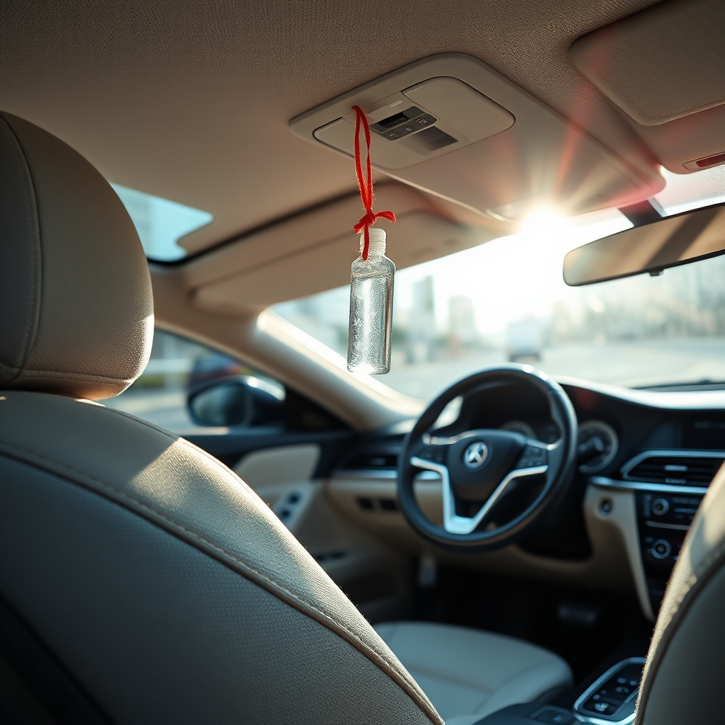 Create a photorealistic image of a sparkling clean car interior with sunlight highlighting the spotless dashboard and seats. The scene evokes a sense of freshness and hygiene. Focus on details like dust-free surfaces and vibrant upholstery. Camera angle: Close-up shot emphasizing cleanliness. Style: High-end car detailing advertisement, aiming for a sense of luxury and comfort. Props: A new car scent freshener hanging from the rearview mirror. Environment: Blurred city background.