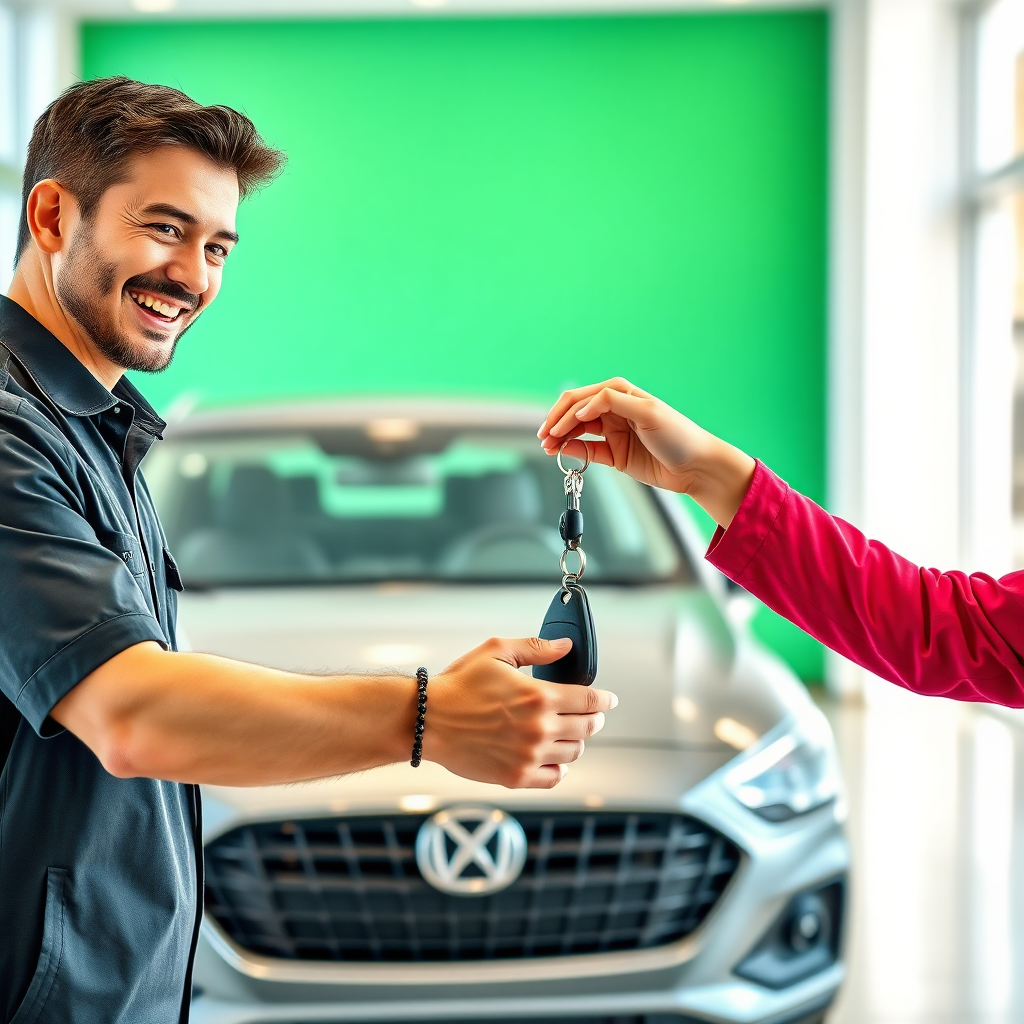 Depict a photorealistic image of a smiling customer handing over car keys to a Netmy employee. The car is sparkling clean in the background. This scene conveys trust and satisfaction. Style: Commercial photography with a focus on positive emotions. Environment: Bright and clean reception area. Technical specs: 4K resolution.