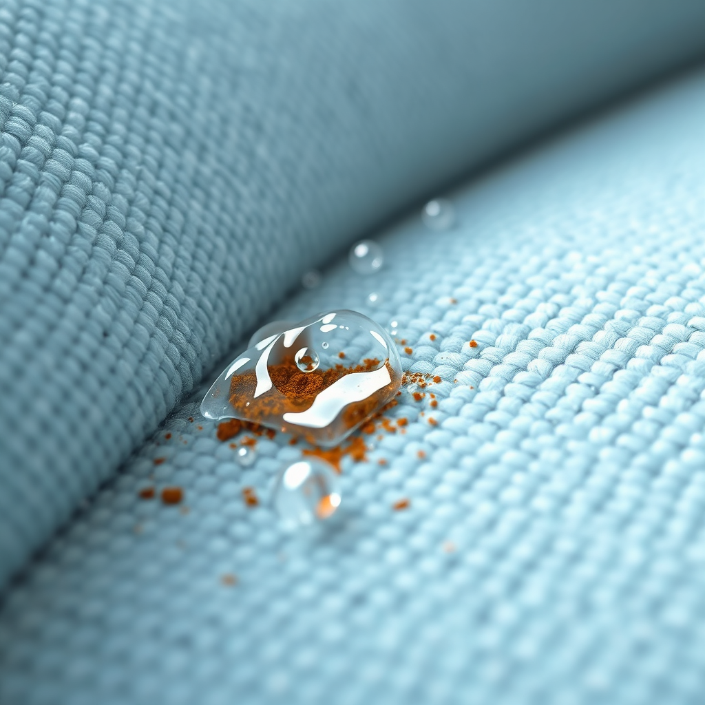 Depict a stylized image of a microscopic view of cleaning agents effectively removing dirt and stains from a sofa fiber. This visual emphasizes the advanced techniques used. Style: Scientific and modern design. Color palette: Clean whites and blues. Technical specs: 4K resolution.