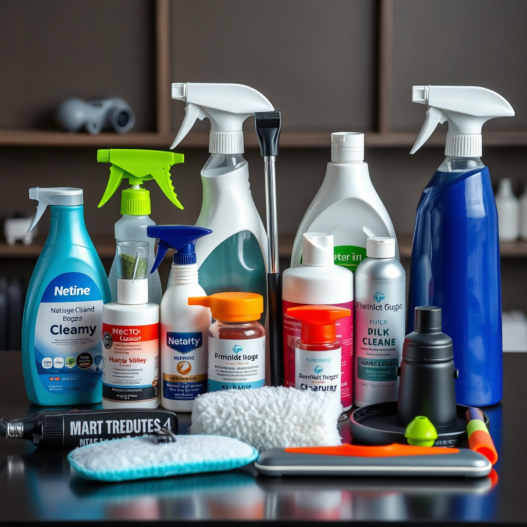 Showcase a photorealistic image of various high-end cleaning tools and products used by Netmy, arranged neatly on a table. Focus on the brand names and quality of the equipment. Style: Product photography. Technical specs: 4K resolution.