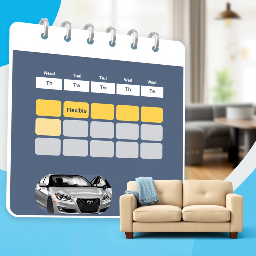 Visualize a photorealistic image showing a calendar with flexible scheduling options highlighted, alongside images of a clean car and sofa. This represents the flexibility of the service. Style: Modern graphic design. Color palette: Bright and inviting colors. Technical specs: 4K resolution.