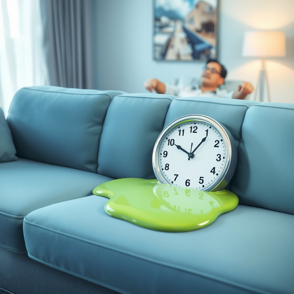 Visualize a stylized image depicting a clock melting into a freshly cleaned sofa. The background shows a person relaxing comfortably. This image represents the time-saving aspect of Netmy's services. Style: Surreal and modern art. Color palette: Calming blues and greens with a touch of yellow to represent time. Technical specs: 4K resolution.
