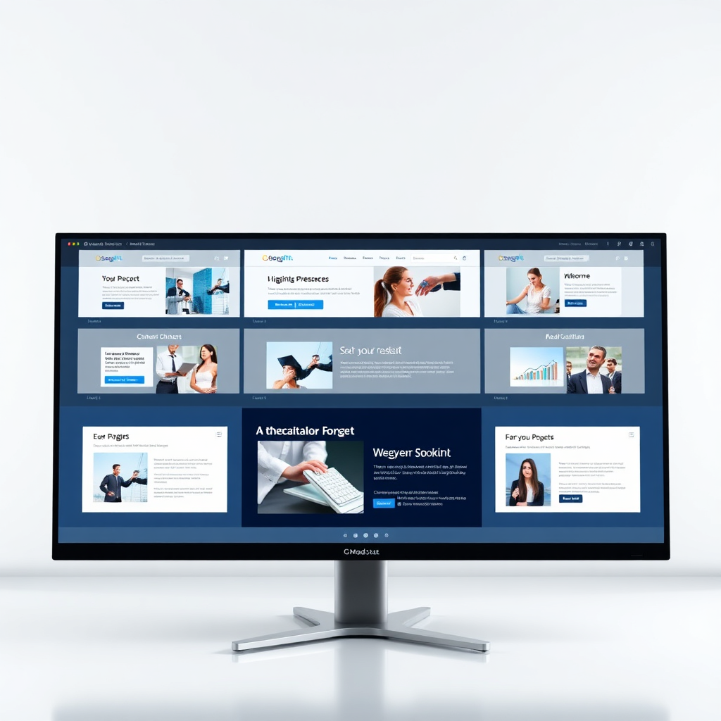 A clean and modern web design interface displayed on a large monitor. The design features a user-friendly layout, attractive visuals, and clear call-to-actions. The scene emphasizes a professional and cutting-edge aesthetic.