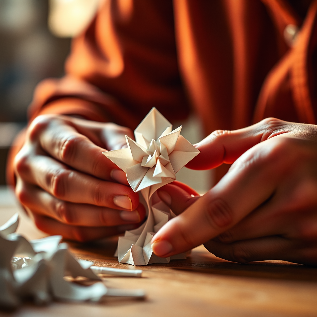  A close-up shot of hands crafting something intricate and beautiful, possibly a small sculpture or origami. The lighting is warm and focused. This image symbolizes dedication to quality and craftsmanship.